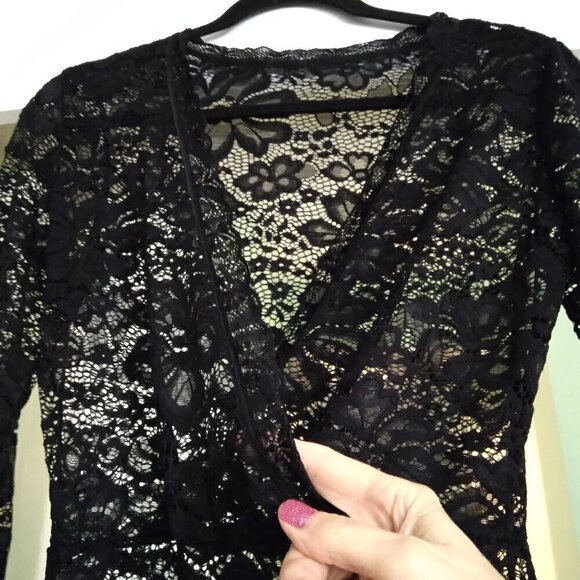 Black Stretch Floral Lace Midi Pencil  Plunge Neckline Long Sleeve Dress Sz S - Picture 3 of 4